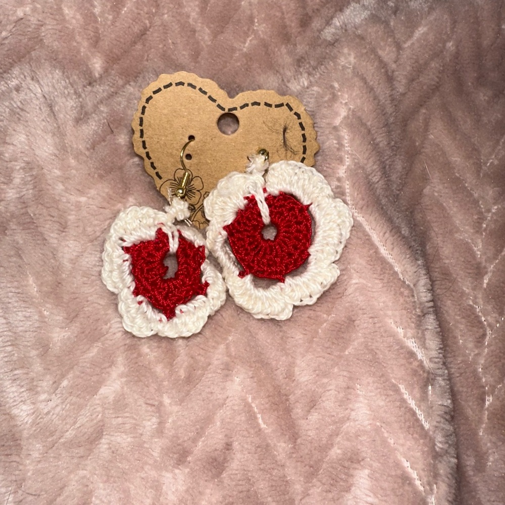 Red and White Crochet Flower Earrings